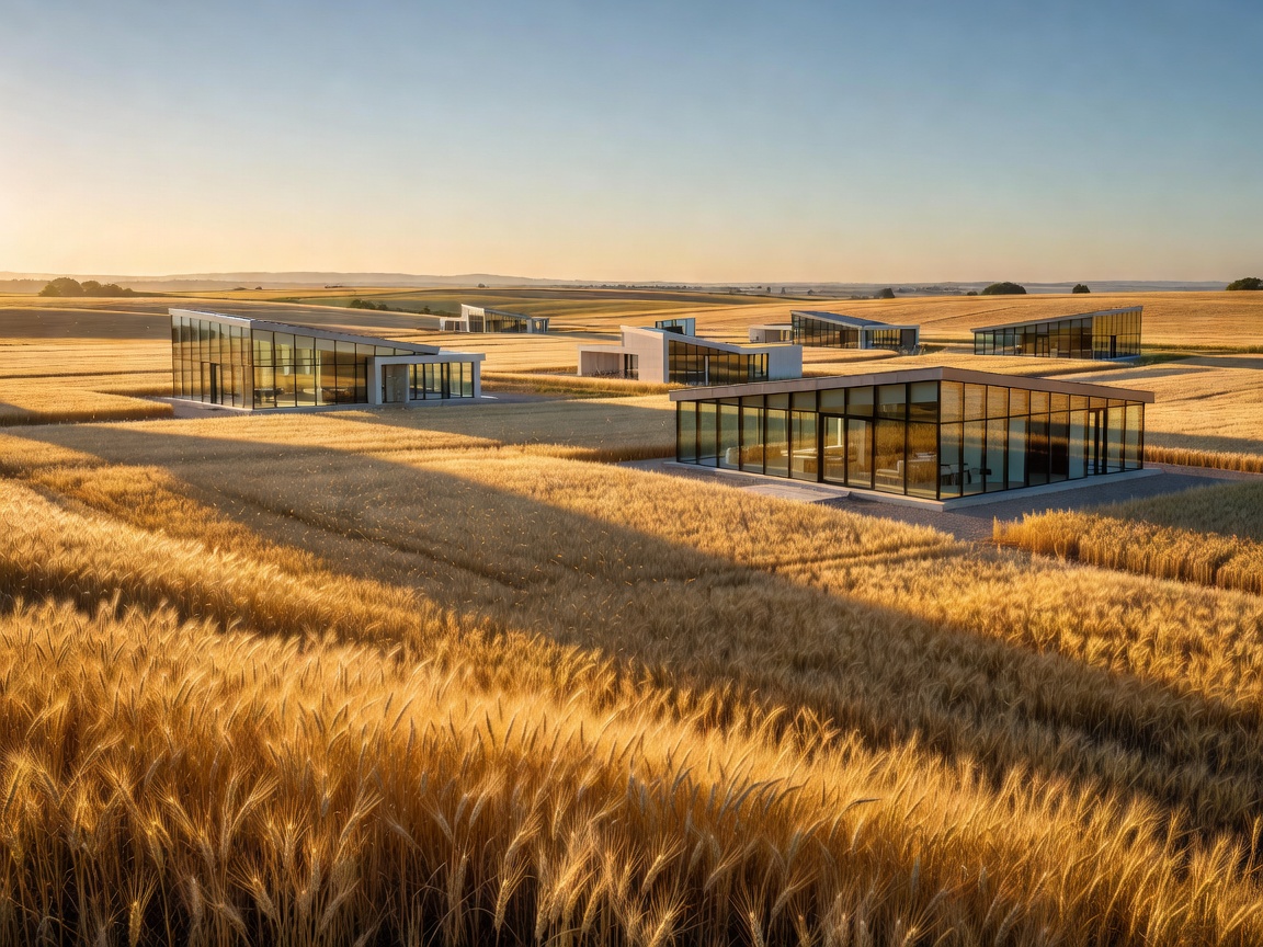 A modern countryside harvest estate with golden wheat fields and glass farmhouses