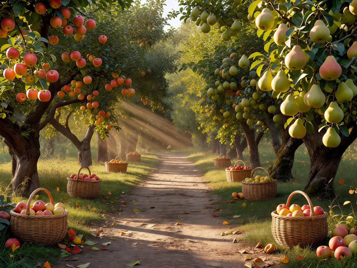 A peaceful orchard lane with fruit trees, harvest baskets, and warm sunlight